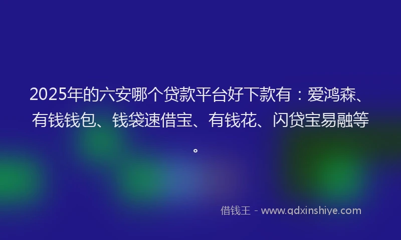 2025年的六安哪个贷款平台好下款有：爱鸿森、有钱钱包、钱袋速借宝、有钱花、闪贷宝易融等。