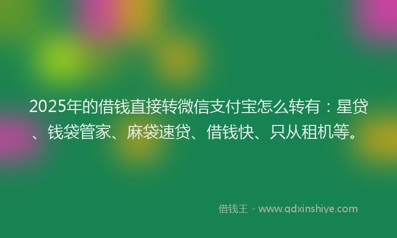 2025年的借钱直接转微信支付宝怎么转有：星贷、钱袋管家、麻袋速贷、借钱快、只从租机等。