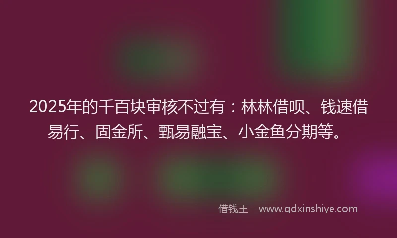 2025年的千百块审核不过有：林林借呗、钱速借易行、固金所、甄易融宝、小金鱼分期等。