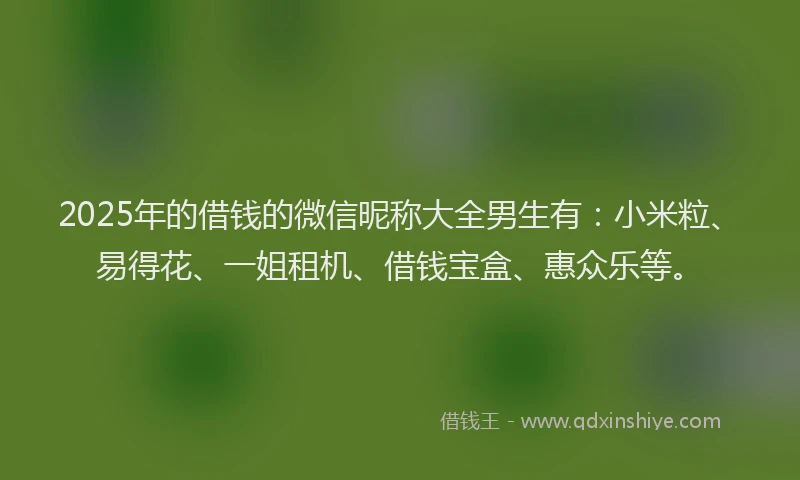 2025年的借钱的微信昵称大全男生有：小米粒、易得花、一姐租机、借钱宝盒、惠众乐等。