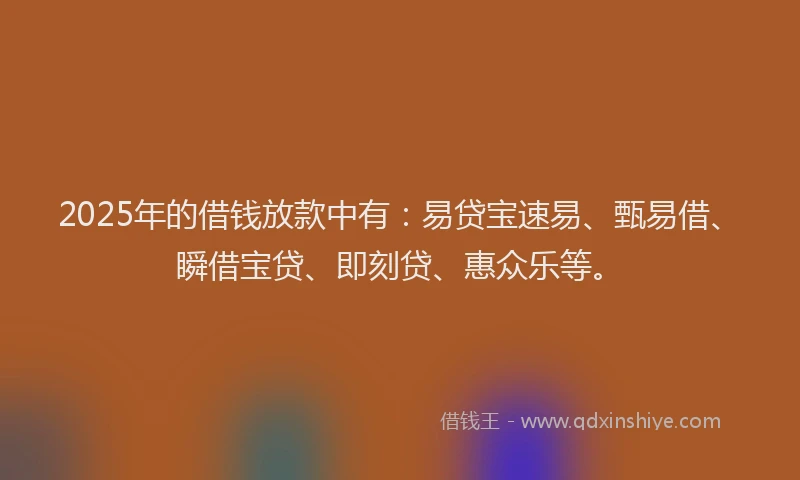 2025年的借钱放款中有：易贷宝速易、甄易借、瞬借宝贷、即刻贷、惠众乐等。