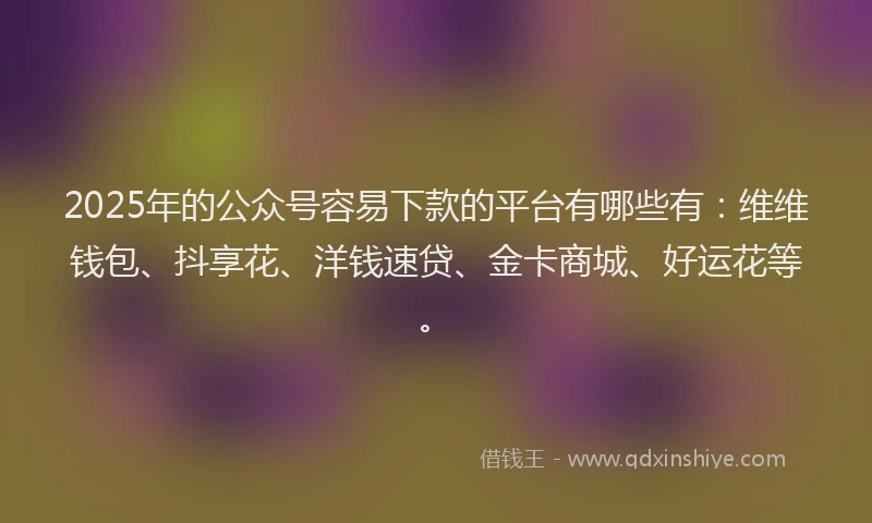 2025年的公众号容易下款的平台有哪些有：维维钱包、抖享花、洋钱速贷、金卡商城、好运花等。