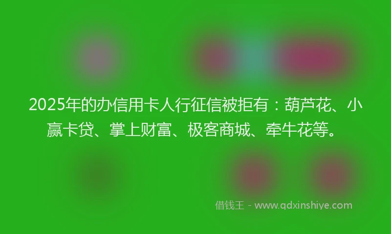 2025年的办信用卡人行征信被拒有：葫芦花、小赢卡贷、掌上财富、极客商城、牵牛花等。