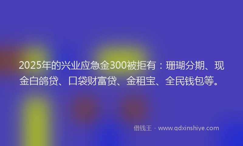 2025年的兴业应急金300被拒有：珊瑚分期、现金白鸽贷、口袋财富贷、金租宝、全民钱包等。