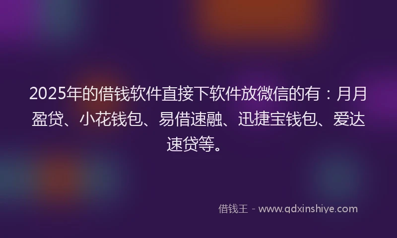 2025年的借钱软件直接下软件放微信的有：月月盈贷、小花钱包、易借速融、迅捷宝钱包、爱达速贷等。