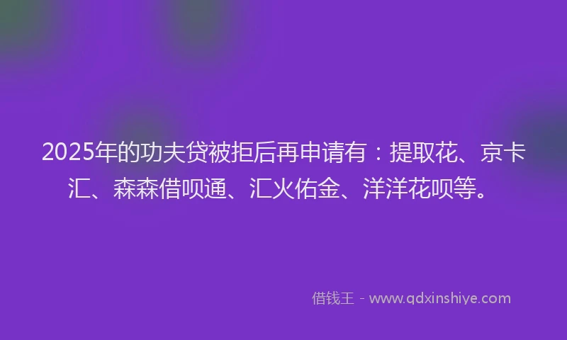 2025年的功夫贷被拒后再申请有：提取花、京卡汇、森森借呗通、汇火佑金、洋洋花呗等。