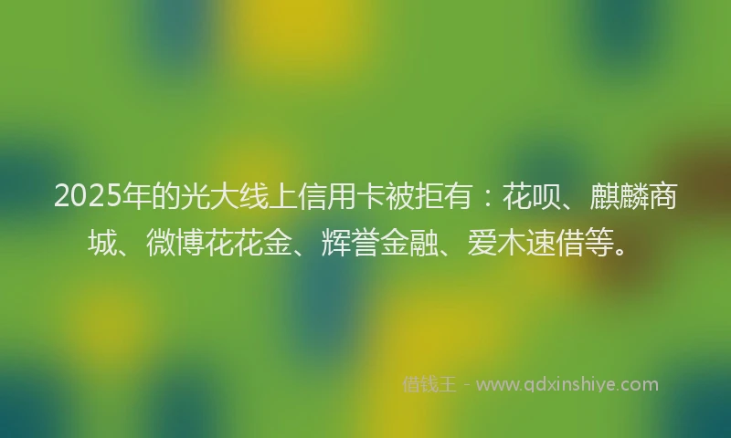 2025年的光大线上信用卡被拒有：花呗、麒麟商城、微博花花金、辉誉金融、爱木速借等。