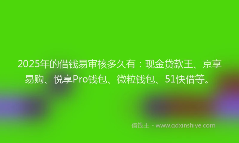 2025年的借钱易审核多久有：现金贷款王、京享易购、悦享Pro钱包、微粒钱包、51快借等。