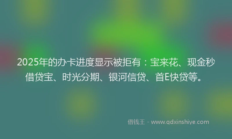 2025年的办卡进度显示被拒有：宝来花、现金秒借贷宝、时光分期、银河信贷、首E快贷等。