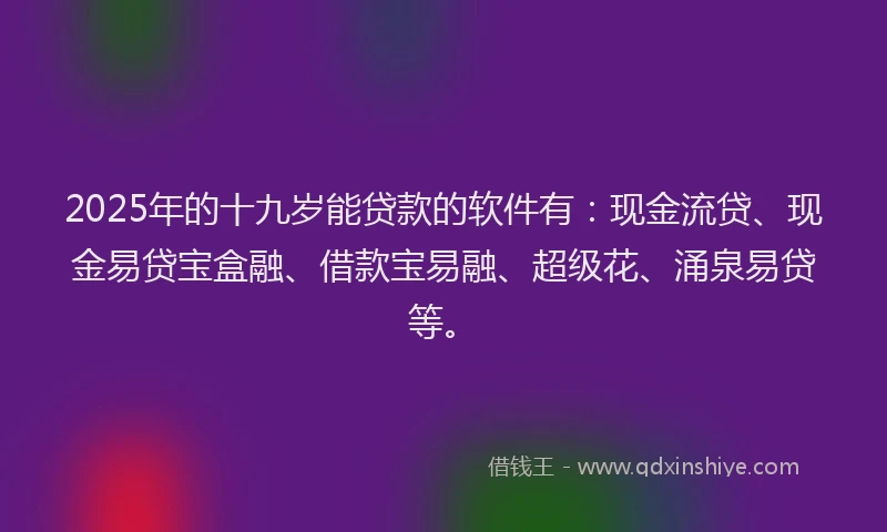 2025年的十九岁能贷款的软件有：现金流贷、现金易贷宝盒融、借款宝易融、超级花、涌泉易贷等。