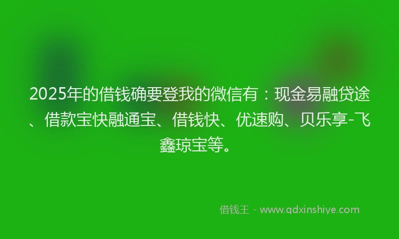 2025年的借钱确要登我的微信有：现金易融贷途、借款宝快融通宝、借钱快、优速购、贝乐享-飞鑫琼宝等。