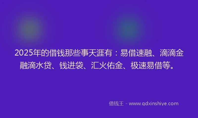 2025年的借钱那些事天涯有：易借速融、滴滴金融滴水贷、钱进袋、汇火佑金、极速易借等。