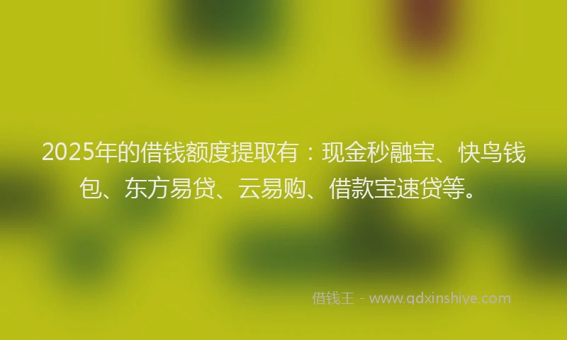 2025年的借钱额度提取有：现金秒融宝、快鸟钱包、东方易贷、云易购、借款宝速贷等。