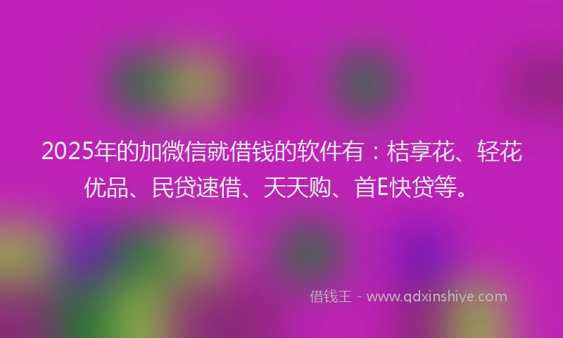 2025年的加微信就借钱的软件有：桔享花、轻花优品、民贷速借、天天购、首E快贷等。
