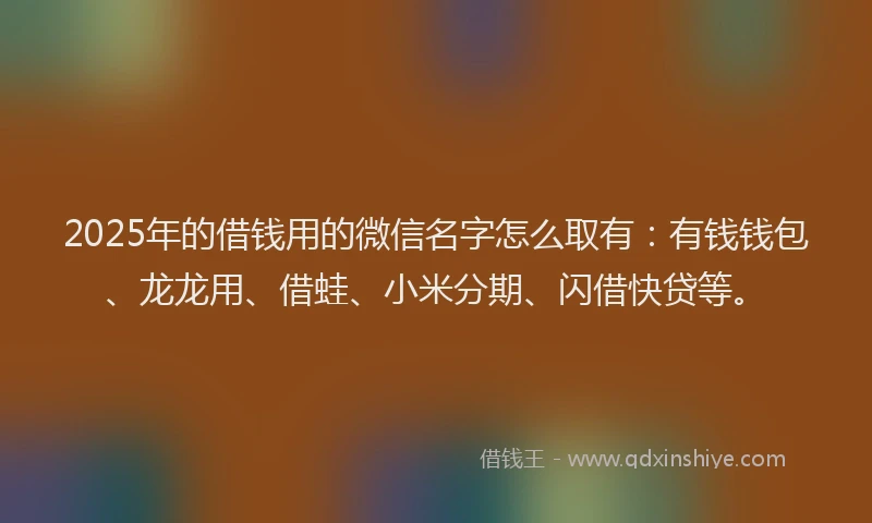 2025年的借钱用的微信名字怎么取有：有钱钱包、龙龙用、借蛙、小米分期、闪借快贷等。