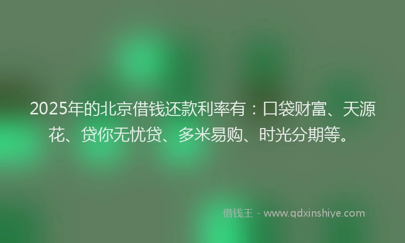 2025年的北京借钱还款利率有：口袋财富、天源花、贷你无忧贷、多米易购、时光分期等。