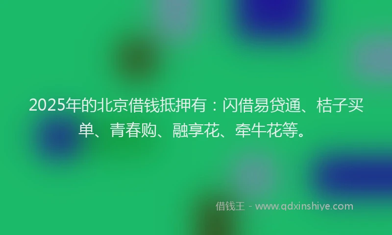 2025年的北京借钱抵押有：闪借易贷通、桔子买单、青春购、融享花、牵牛花等。