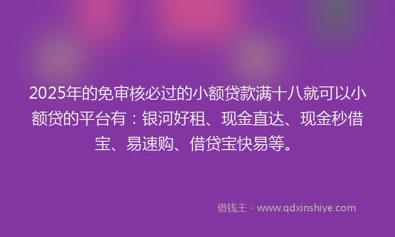 2025年的免审核必过的小额贷款满十八就可以小额贷的平台有：银河好租、现金直达、现金秒借宝、易速购、借贷宝快易等。