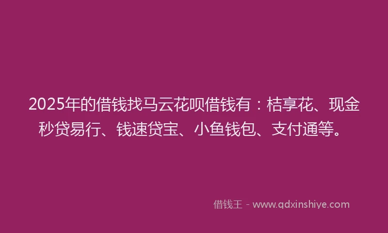 2025年的借钱找马云花呗借钱有：桔享花、现金秒贷易行、钱速贷宝、小鱼钱包、支付通等。