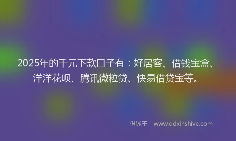 2025年的千元下款口子有：好居客、借钱宝盒、洋洋花呗、腾讯微粒贷、快易借贷宝等。