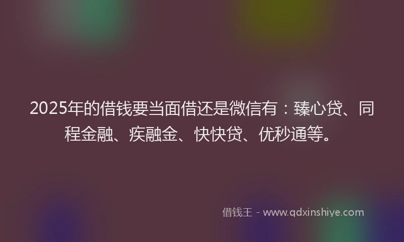 2025年的借钱要当面借还是微信有：臻心贷、同程金融、疾融金、快快贷、优秒通等。