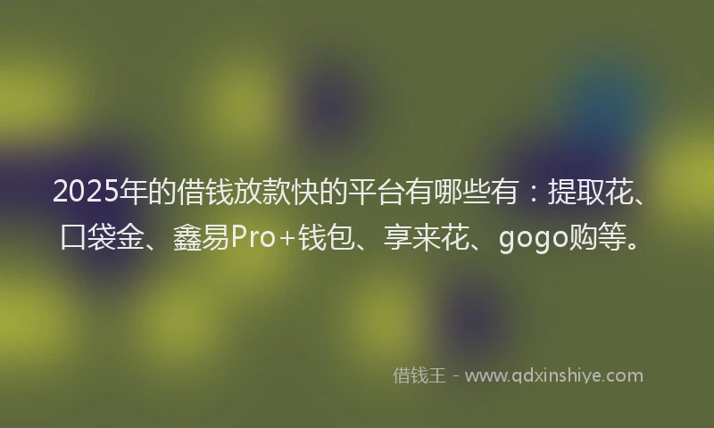2025年的借钱放款快的平台有哪些有：提取花、口袋金、鑫易Pro+钱包、享来花、gogo购等。