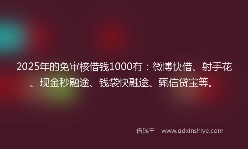 2025年的免审核借钱1000有：微博快借、射手花、现金秒融途、钱袋快融途、甄信贷宝等。