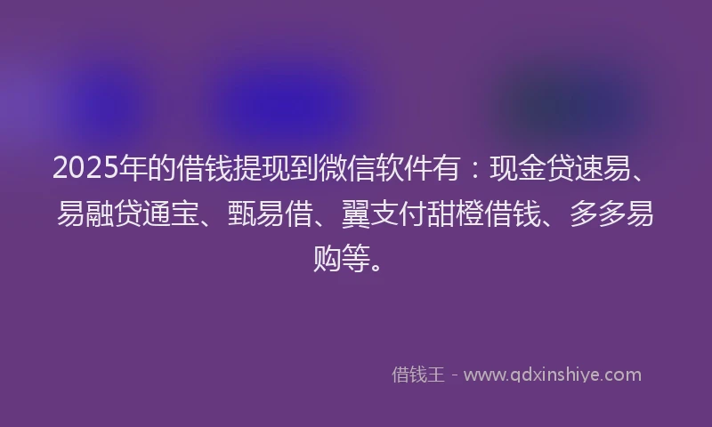 2025年的借钱提现到微信软件有：现金贷速易、易融贷通宝、甄易借、翼支付甜橙借钱、多多易购等。