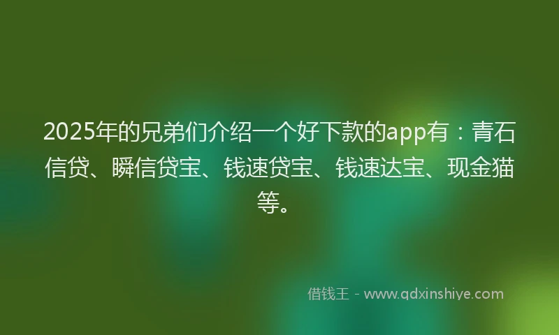 2025年的兄弟们介绍一个好下款的app有：青石信贷、瞬信贷宝、钱速贷宝、钱速达宝、现金猫等。