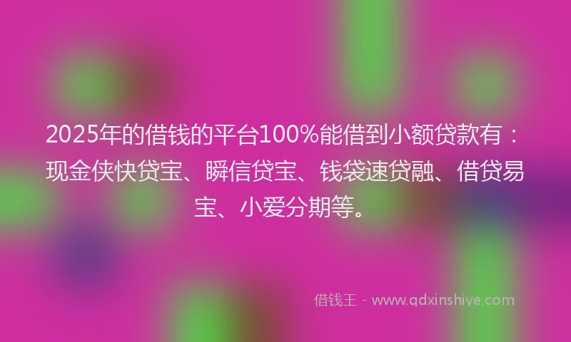 2025年的借钱的平台100%能借到小额贷款有：现金侠快贷宝、瞬信贷宝、钱袋速贷融、借贷易宝、小爱分期等。