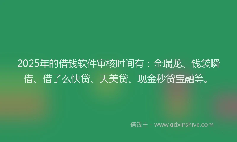 2025年的借钱软件审核时间有：金瑞龙、钱袋瞬借、借了么快贷、天美贷、现金秒贷宝融等。