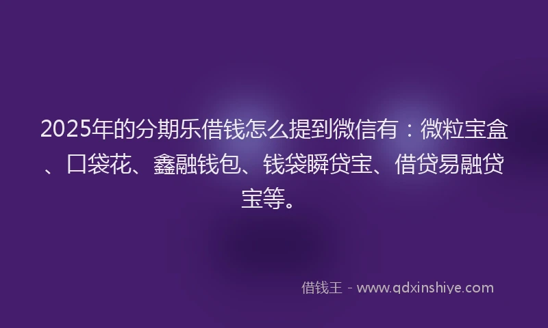2025年的分期乐借钱怎么提到微信有：微粒宝盒、口袋花、鑫融钱包、钱袋瞬贷宝、借贷易融贷宝等。
