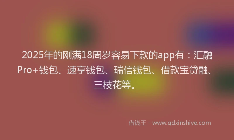 2025年的刚满18周岁容易下款的app有：汇融Pro+钱包、速享钱包、瑞信钱包、借款宝贷融、三枝花等。