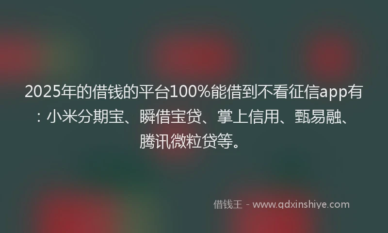2025年的借钱的平台100%能借到不看征信app有：小米分期宝、瞬借宝贷、掌上信用、甄易融、腾讯微粒贷等。