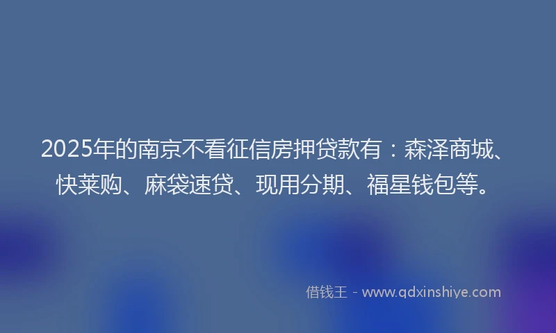 2025年的南京不看征信房押贷款有：森泽商城、快莱购、麻袋速贷、现用分期、福星钱包等。