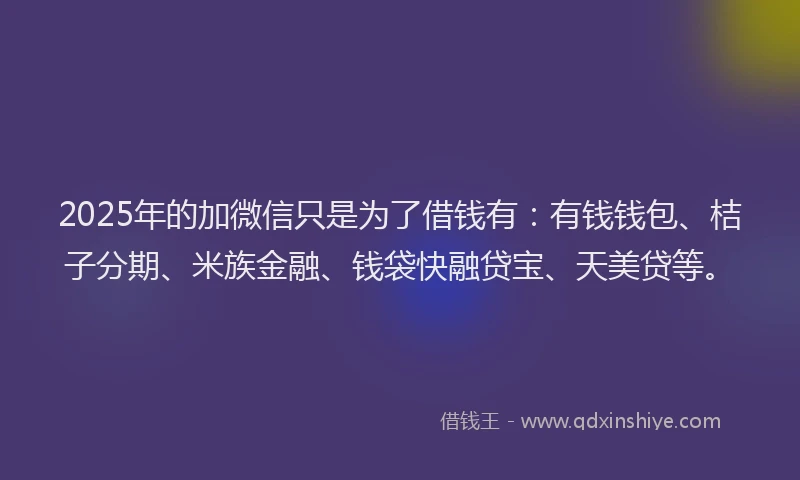 2025年的加微信只是为了借钱有：有钱钱包、桔子分期、米族金融、钱袋快融贷宝、天美贷等。