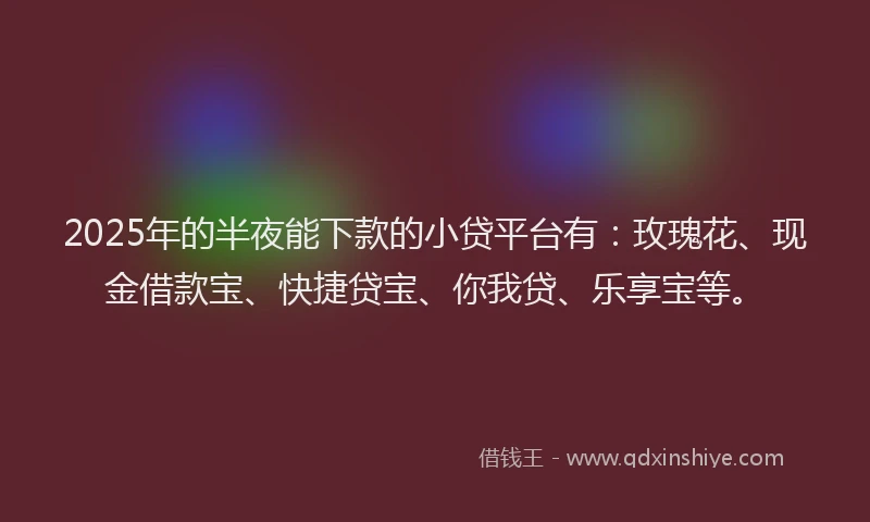 2025年的半夜能下款的小贷平台有：玫瑰花、现金借款宝、快捷贷宝、你我贷、乐享宝等。
