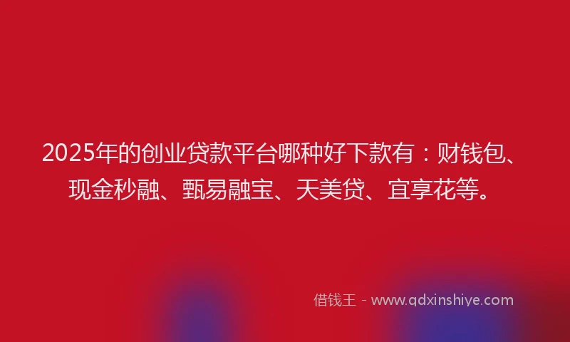 2025年的创业贷款平台哪种好下款有：财钱包、现金秒融、甄易融宝、天美贷、宜享花等。