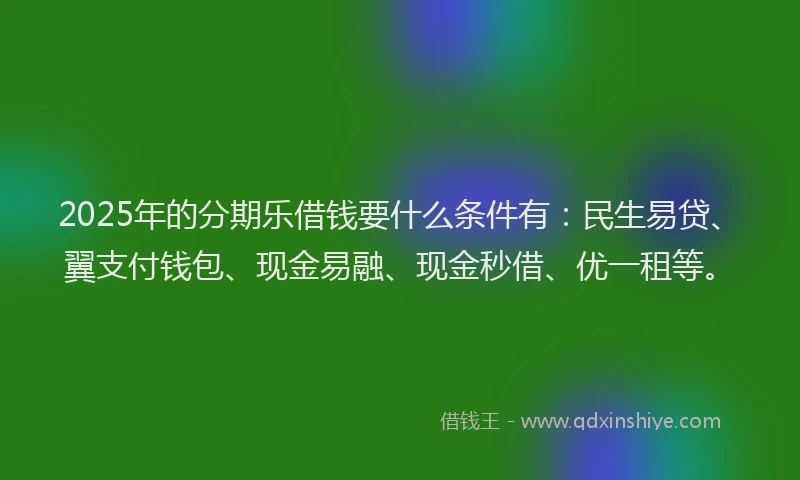 2025年的分期乐借钱要什么条件有：民生易贷、翼支付钱包、现金易融、现金秒借、优一租等。
