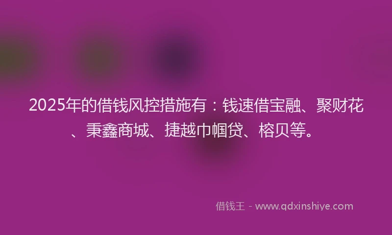 2025年的借钱风控措施有：钱速借宝融、聚财花、秉鑫商城、捷越巾帼贷、榕贝等。