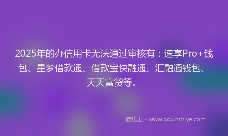 2025年的办信用卡无法通过审核有：速享Pro+钱包、星梦借款通、借款宝快融通、汇融通钱包、天天富贷等。