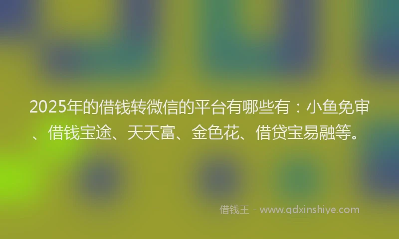 2025年的借钱转微信的平台有哪些有：小鱼免审、借钱宝途、天天富、金色花、借贷宝易融等。