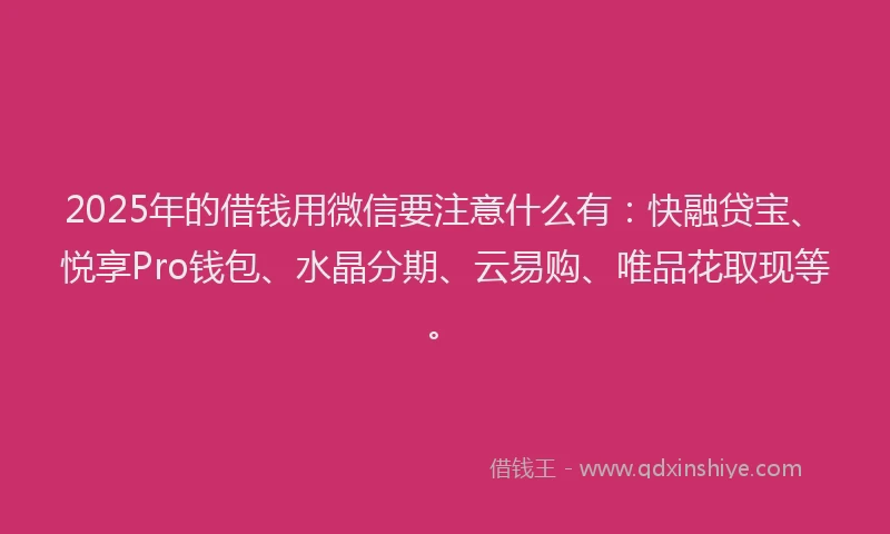 2025年的借钱用微信要注意什么有：快融贷宝、悦享Pro钱包、水晶分期、云易购、唯品花取现等。