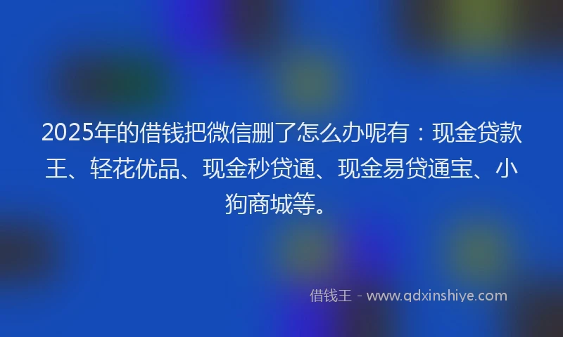 2025年的借钱把微信删了怎么办呢有：现金贷款王、轻花优品、现金秒贷通、现金易贷通宝、小狗商城等。