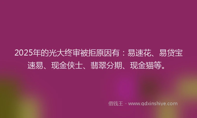 2025年的光大终审被拒原因有：易速花、易贷宝速易、现金侠士、翡翠分期、现金猫等。