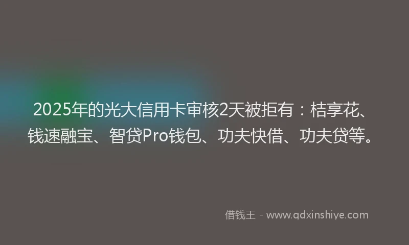 2025年的光大信用卡审核2天被拒有：桔享花、钱速融宝、智贷Pro钱包、功夫快借、功夫贷等。