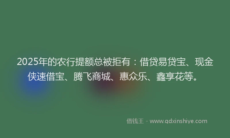 2025年的农行提额总被拒有：借贷易贷宝、现金侠速借宝、腾飞商城、惠众乐、鑫享花等。