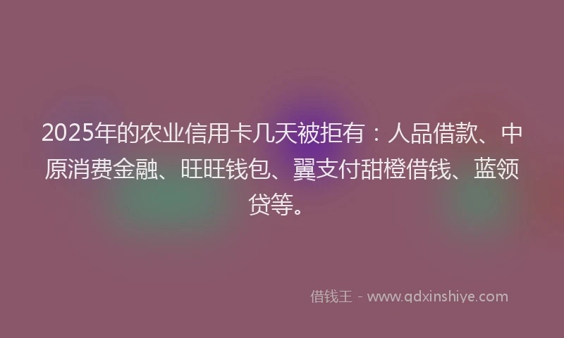2025年的农业信用卡几天被拒有：人品借款、中原消费金融、旺旺钱包、翼支付甜橙借钱、蓝领贷等。