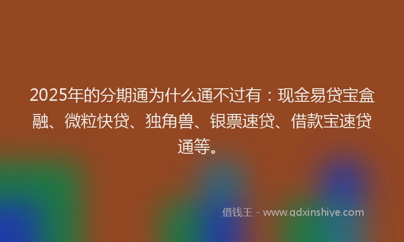 2025年的分期通为什么通不过有：现金易贷宝盒融、微粒快贷、独角兽、银票速贷、借款宝速贷通等。