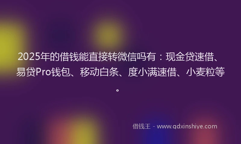2025年的借钱能直接转微信吗有：现金贷速借、易贷Pro钱包、移动白条、度小满速借、小麦粒等。